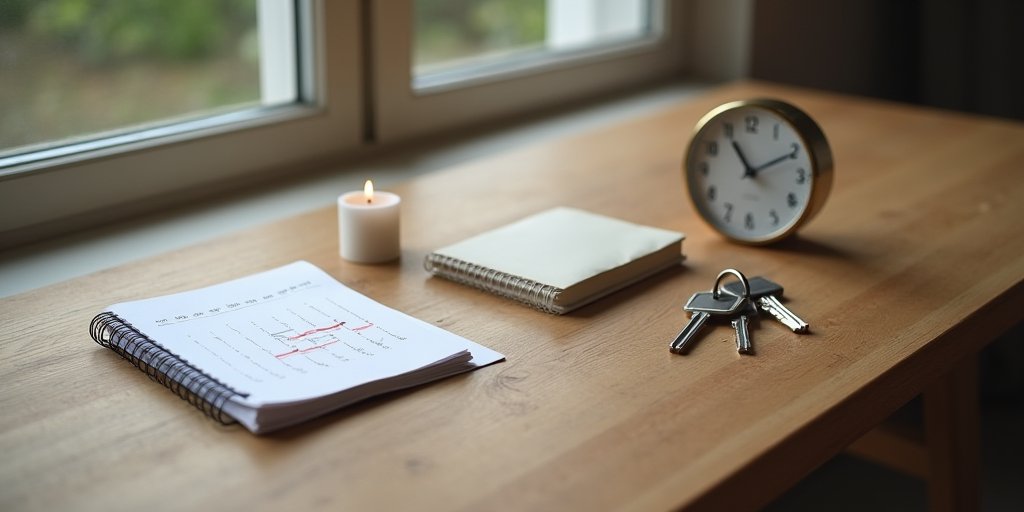A series of five subtle, symbolic objects on a clean wooden table: a calendar with crossed-out days, a closed notebook, a single unlit candle, a clock, and a pair of keys, representing the feeling of time blurring and the desire for escape.