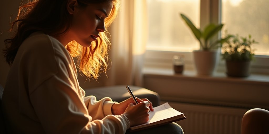 A warm, intimate scene of someone sitting in a sunlit corner of a room, writing in a journal with a cup of tea nearby. The lighting is soft and natural, conveying a sense of intentionality, reflection, and the beginning of a small, positive change.