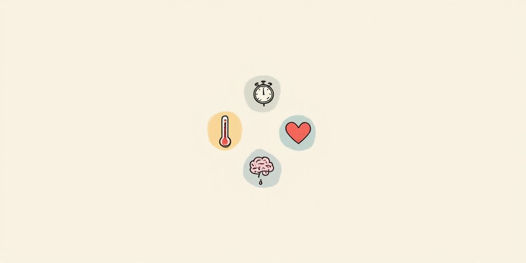 A minimalist, clean graphic featuring a series of five gentle, hand-drawn icons arranged in a circle. The icons represent a clock (time/end of day), a thermometer (rising stress), a heart (empathy), a brain (thought patterns), and a small, stylized cloud raining a single drop, symbolizing the release of emotion. The color palette is soft pastels and muted earth tones.