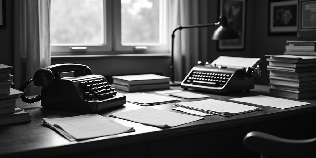 A vintage, high-contrast black and white photograph of a mid-century office desk with stacks of paper, a rotary telephone, and a classic typewriter, evoking the 1940s research era of Alfred Kinsey.