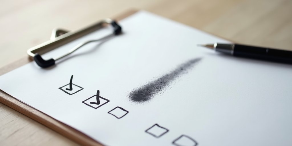 A minimalist graphic showing a checklist on a clipboard where the items are blurred, but a single, tiny ink smudge is highlighted in high contrast, representing the hyper-fixation on minor errors.