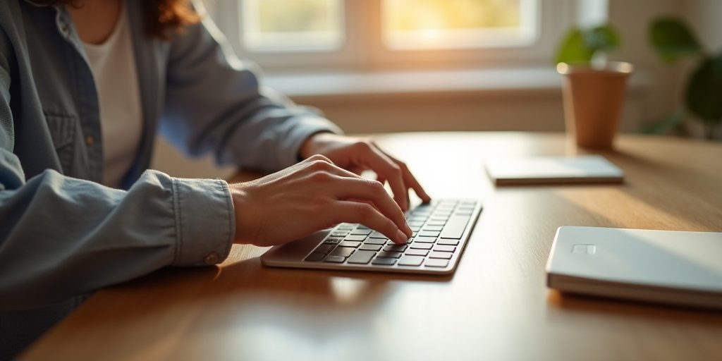 A serene, high-angle shot of a person sitting at a clean wooden desk, placing a hand firmly on a keyboard to stop typing, with soft, natural morning light streaming in to suggest a moment of intentional pause and clarity.