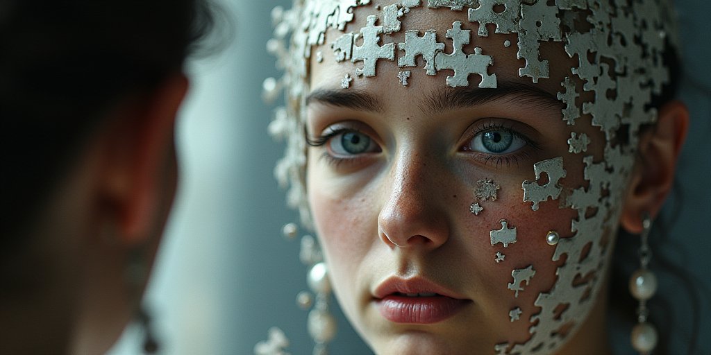 A metaphorical image of a person looking into a mirror, but instead of seeing their reflection, they see a complex, intricate puzzle where the missing piece is actually the most prominent part of the image, symbolizing that the flaw is the intended focus.