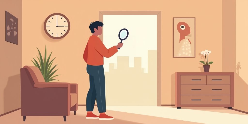 A clean, minimalist infographic-style illustration showing a person scanning the corners of a room with a magnifying glass, representing the hyper-vigilance associated with phobias, set in a warm, neutral-toned domestic interior.
