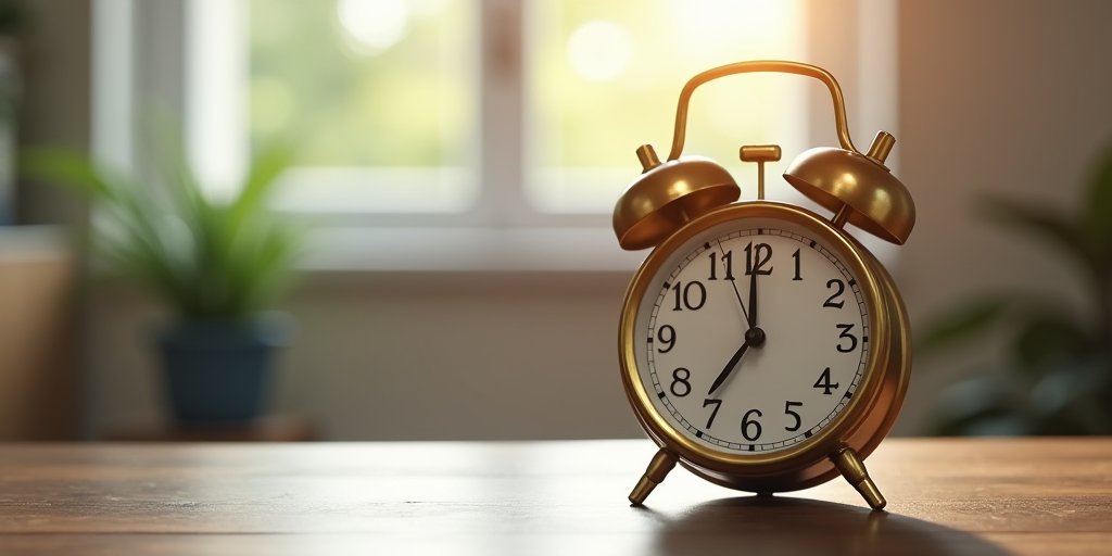 A metaphorical image of an old-fashioned, brass alarm clock sitting on a wooden table, with the bell mechanism slightly blurred to suggest it is vibrating or ringing, set against a soft-focus background of a quiet, peaceful home environment.