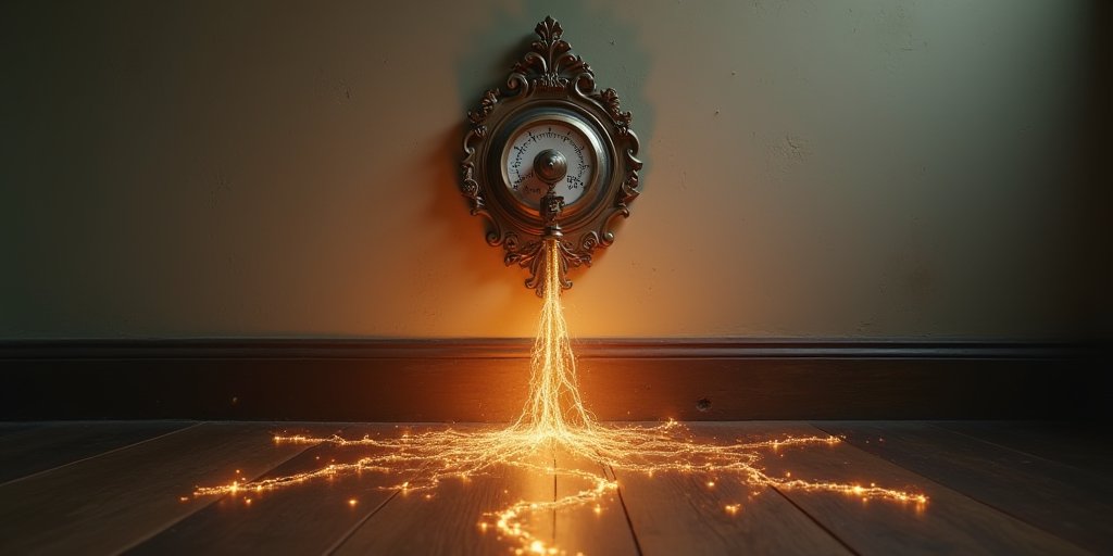 A conceptual illustration of a vintage, ornate thermostat mounted on a wall, with glowing, ethereal roots growing out from behind it and spreading into the floorboards, symbolizing the invisible, deep-seated nature of inherited trauma.