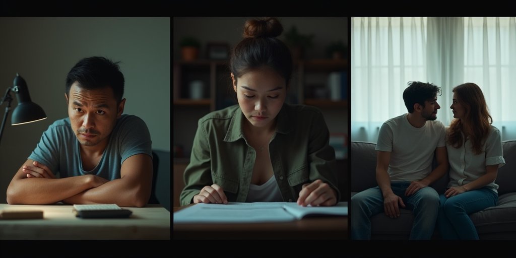 A split-screen composition showing three subtle, everyday scenes: a person working late at a desk with a tense expression, a parent looking anxious while setting a boundary with a child, and a couple sitting on a couch with a small, palpable distance between them, all captured in soft, moody, natural lighting.