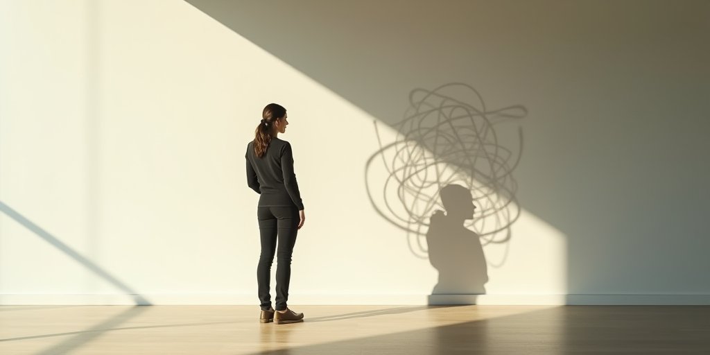 A minimalist, artistic representation of a person standing in a calm, sunlit room, but their shadow on the wall is depicted as a complex, tangled knot of dark lines, illustrating the internal conflict between current safety and past conditioning.