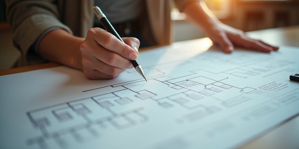 A close-up, high-quality photograph of a person's hands carefully drawing a complex family tree diagram on a large sheet of paper, with a warm, focused light illuminating the workspace, conveying the process of mapping and understanding generational patterns.