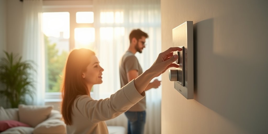 A serene, hopeful image of a person standing in a bright, modern living room, reaching out to adjust a sleek, contemporary thermostat, with soft morning light streaming through a window, symbolizing the act of consciously changing one's internal baseline.