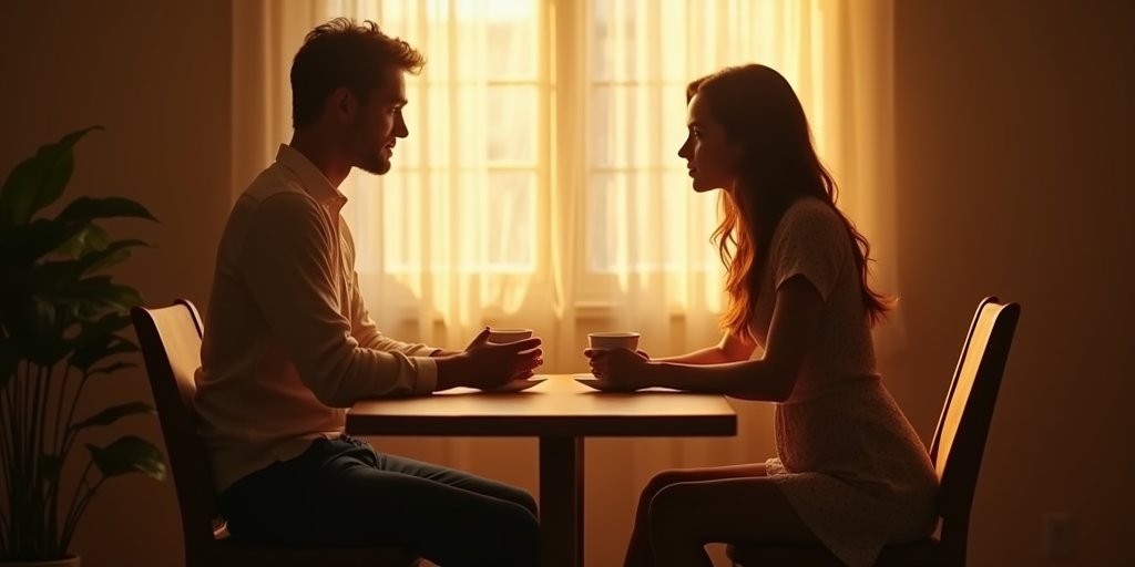 A warm, inviting scene of two people sitting across from each other at a small table with coffee, engaged in a gentle, honest conversation. The lighting is soft and golden, symbolizing the slow, safe process of building trust and vulnerability.