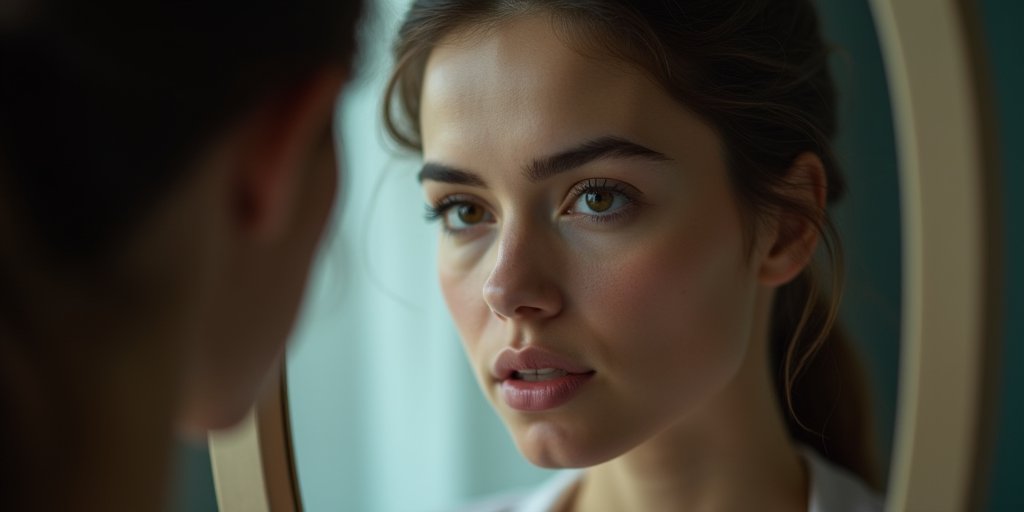 A close-up, artistic portrait of a person looking into a mirror. The reflection shows a subtle, hidden expression of vulnerability, while the actual face remains calm and steady, illustrating the contrast between internal feelings and external presentation.
