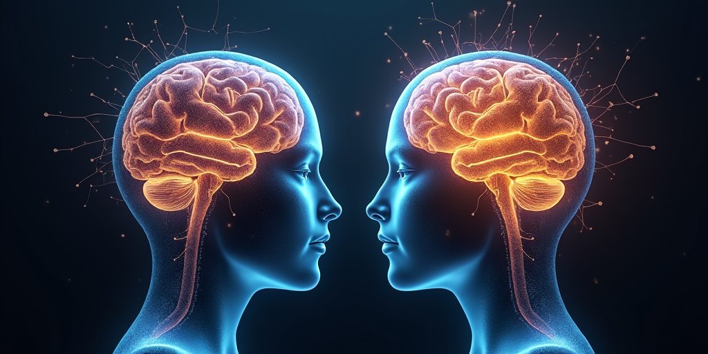 A conceptual, artistic illustration showing two different glowing, intricate neural network patterns side-by-side, representing different operating systems of the brain, soft ambient lighting, minimalist style, high resolution.