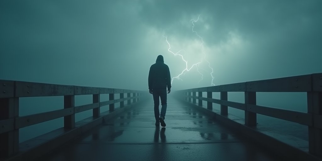 A metaphorical image of a person standing on a bridge during a storm, with a blurred, dramatic background. The image captures the physiological sensation of a racing heart and adrenaline, illustrating the concept of misattributed arousal in a high-stakes environment.