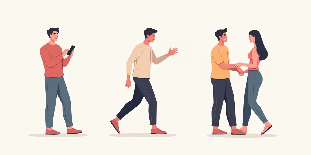 A clean, modern infographic-style illustration showing a series of subtle, relatable human behaviors: a person smiling while looking at their phone, someone taking a confident step forward, and two people leaning slightly toward each other in conversation. Soft, muted color palette.