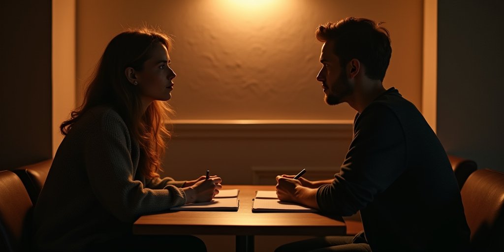 A cozy, intimate setting of two people sitting across from each other at a small table with notebooks, engaged in a deep, focused conversation. The lighting is warm and inviting, emphasizing connection, vulnerability, and intentionality.