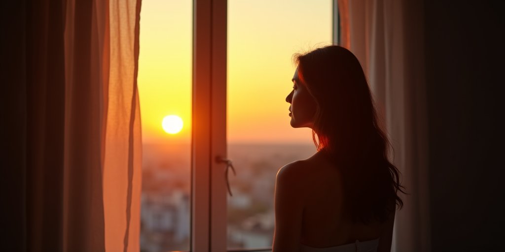 A serene, contemplative scene of a person looking out a window at a sunrise, symbolizing clarity, reflection, and the transition from emotional intensity to understanding. Soft, golden hour light, peaceful and thoughtful mood.