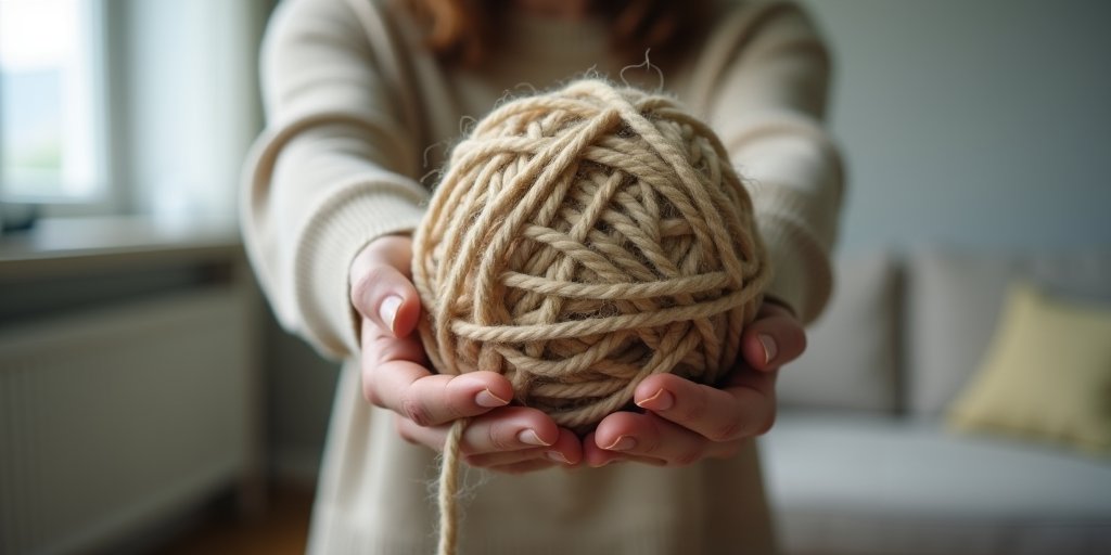 A minimalist, metaphorical image of a person holding a heavy, tangled ball of yarn, representing the accumulation of past grievances and 'scorekeeping' during a current argument. The background is a neutral, soft-focus living room, highlighting the weight and complexity of the emotional baggage being brought into the present moment.