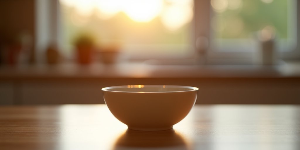 A single, clean cereal bowl sitting on a kitchen counter in the soft, golden light of late evening. The image is simple and quiet, symbolizing how a small, mundane object can be the catalyst for a much larger conversation, with the background slightly blurred to keep the focus on the bowl.