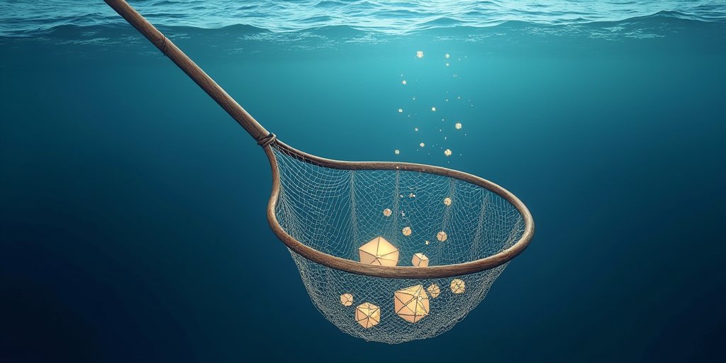 A conceptual illustration of a wide-mesh fishing net being cast into a deep blue sea, with glowing geometric shapes of various sizes caught in the net, representing the screening process catching potential traits.