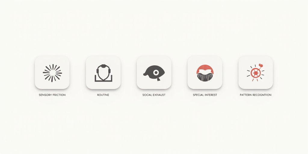 A minimalist infographic style image showing five distinct icons representing sensory friction, routine, social exhaustion, special interests, and pattern recognition, arranged in a clean, organized grid.