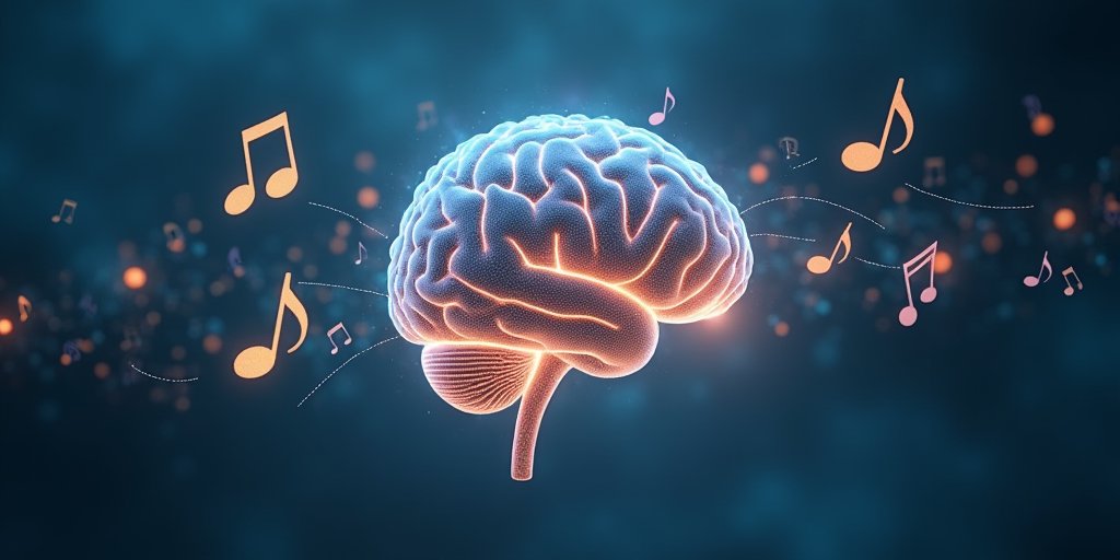 A conceptual illustration showing a glowing, interconnected neural network with musical notes and speech bubbles floating around it, representing the brain processing language like a melody before understanding the lyrics, soft blue and warm gold color palette, clean minimalist style.