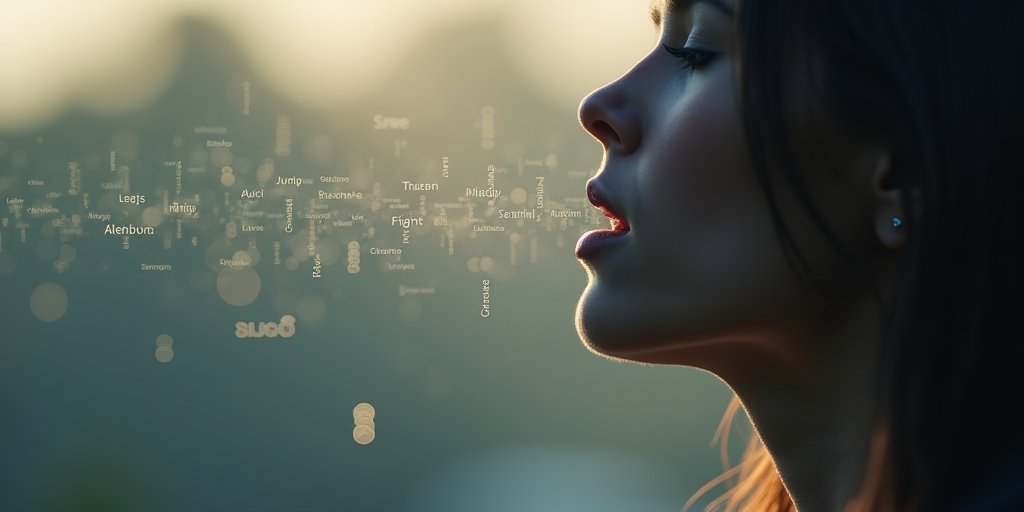 A close-up, artistic shot of a person's silhouette against a soft-focus background, with subtle, translucent text fragments or echoes floating around them to represent the repetition of phrases, calm and empathetic atmosphere.