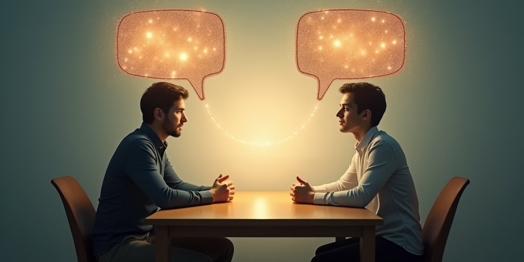 A gentle, symbolic image of two people sitting across from each other at a table, with a bridge made of light connecting their speech bubbles, symbolizing the connection formed when one person truly listens to the meaning behind repeated words.