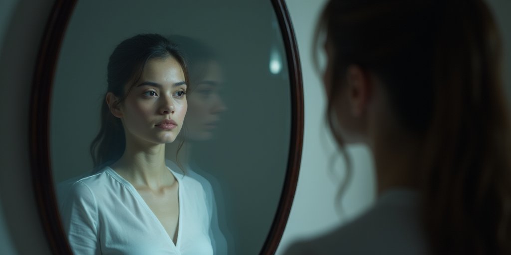 A conceptual image of a person looking into a mirror, but the reflection shows a layered, translucent version of themselves, suggesting that the surface personality is just one layer covering deeper, historical coping mechanisms, soft focus, moody lighting.